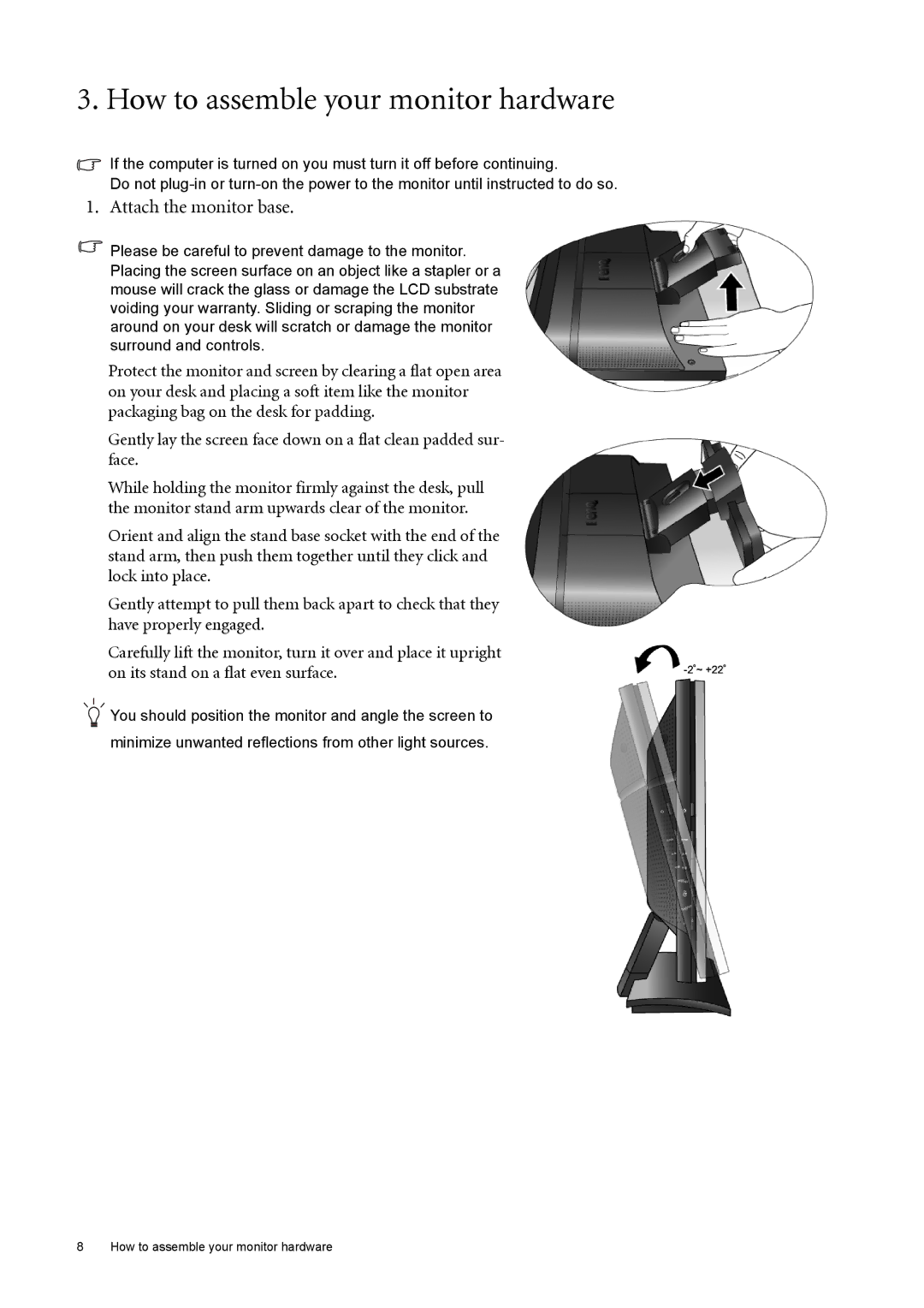 BenQ FP222W user manual How to assemble your monitor hardware, Attach the monitor base 