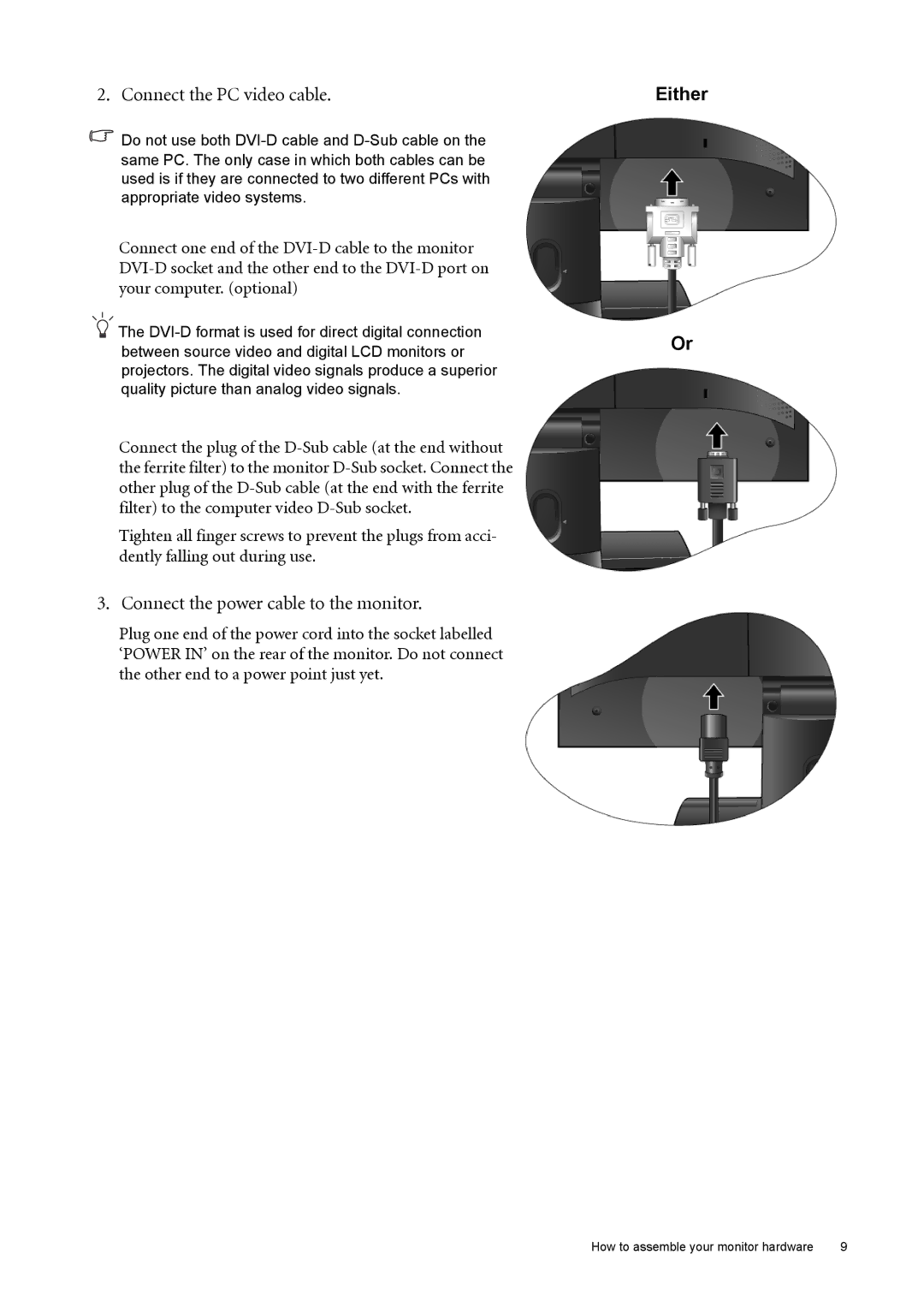 BenQ FP222W user manual Connect the PC video cable, Connect the power cable to the monitor, Either 