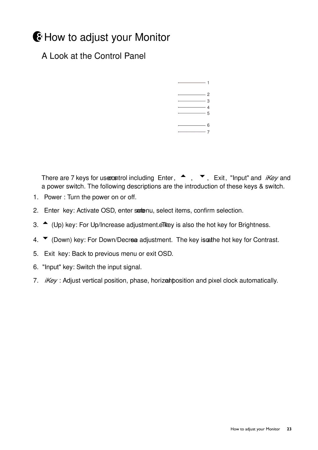 BenQ FP231W user manual How to adjust your Monitor, Look at the Control Panel 