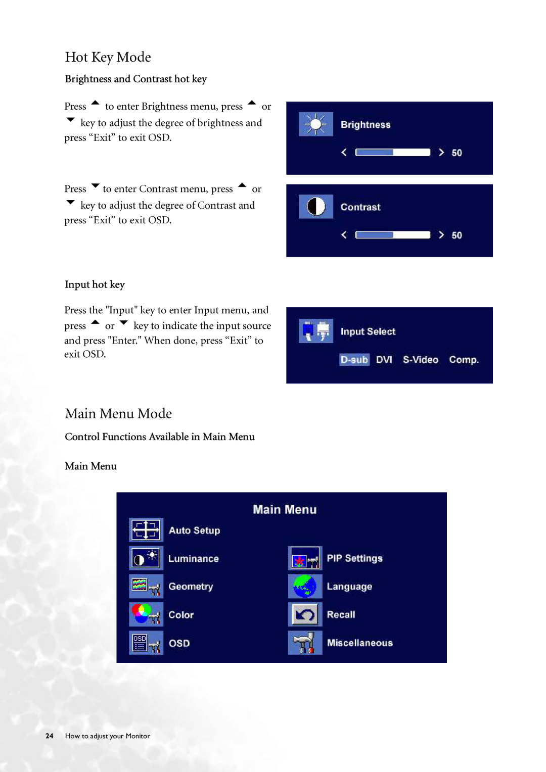 BenQ FP231W user manual Hot Key Mode, Main Menu Mode, Brightness and Contrast hot key, Input hot key 