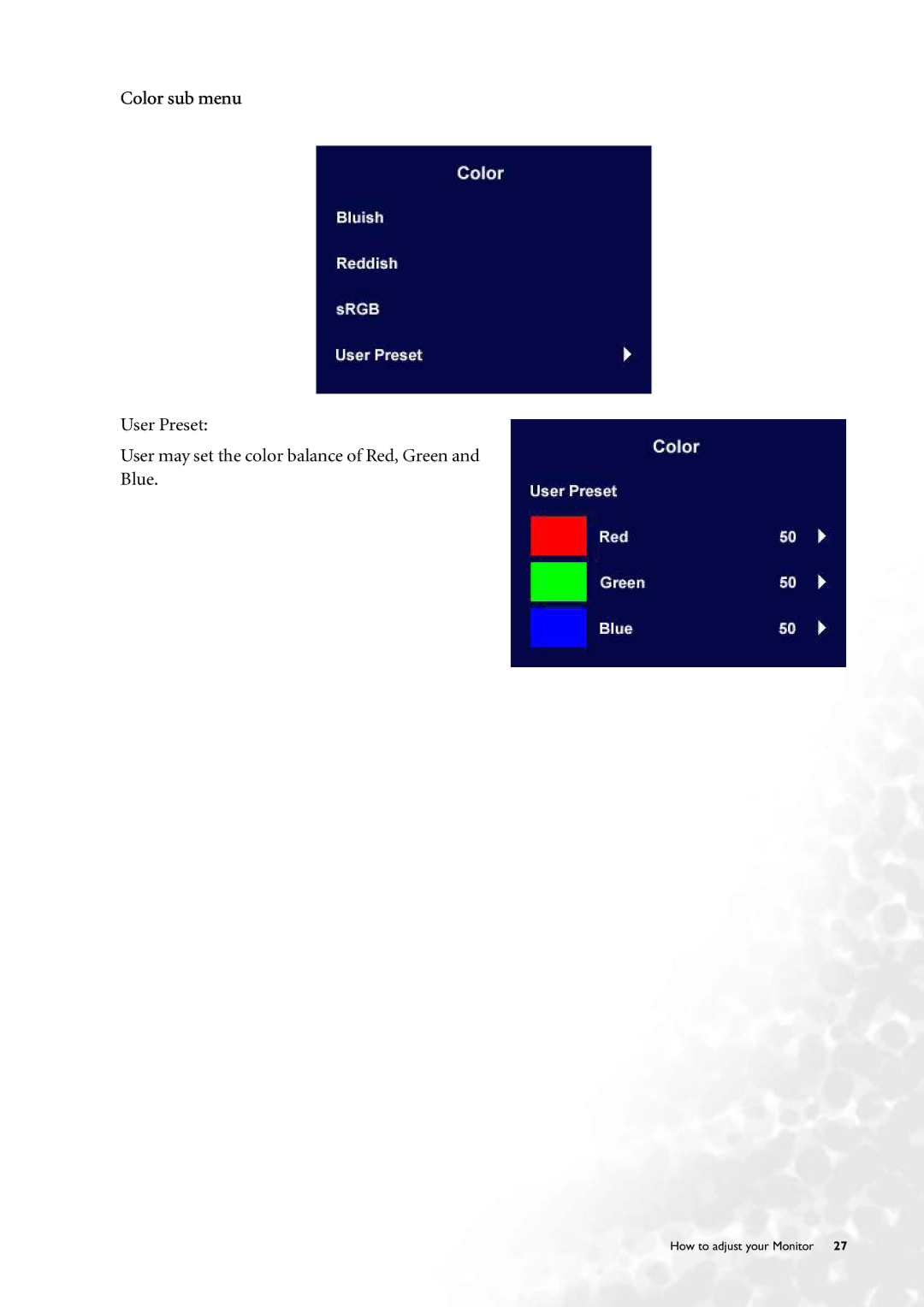 BenQ FP231W user manual Color sub menu 