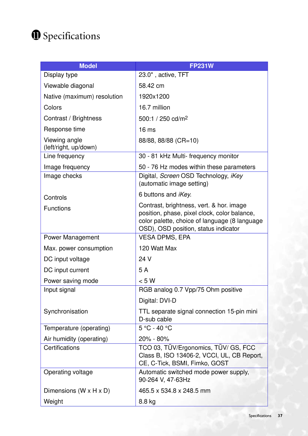 BenQ user manual Specifications, Model FP231W 