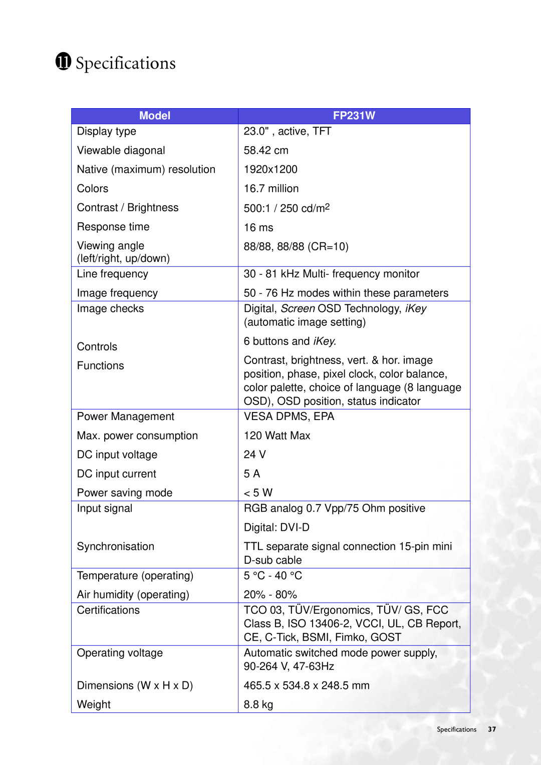 BenQ FP231W user manual Specifications, Model 