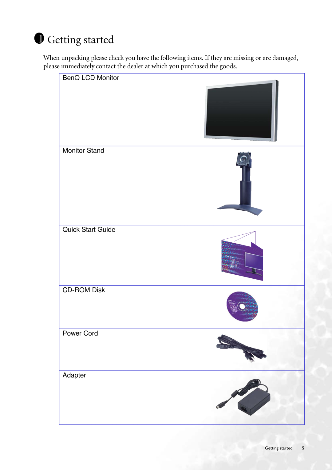 BenQ FP231W user manual Getting started, BenQ LCD Monitor Monitor Stand Quick Start Guide CD-ROM Disk, Power Cord Adapter 