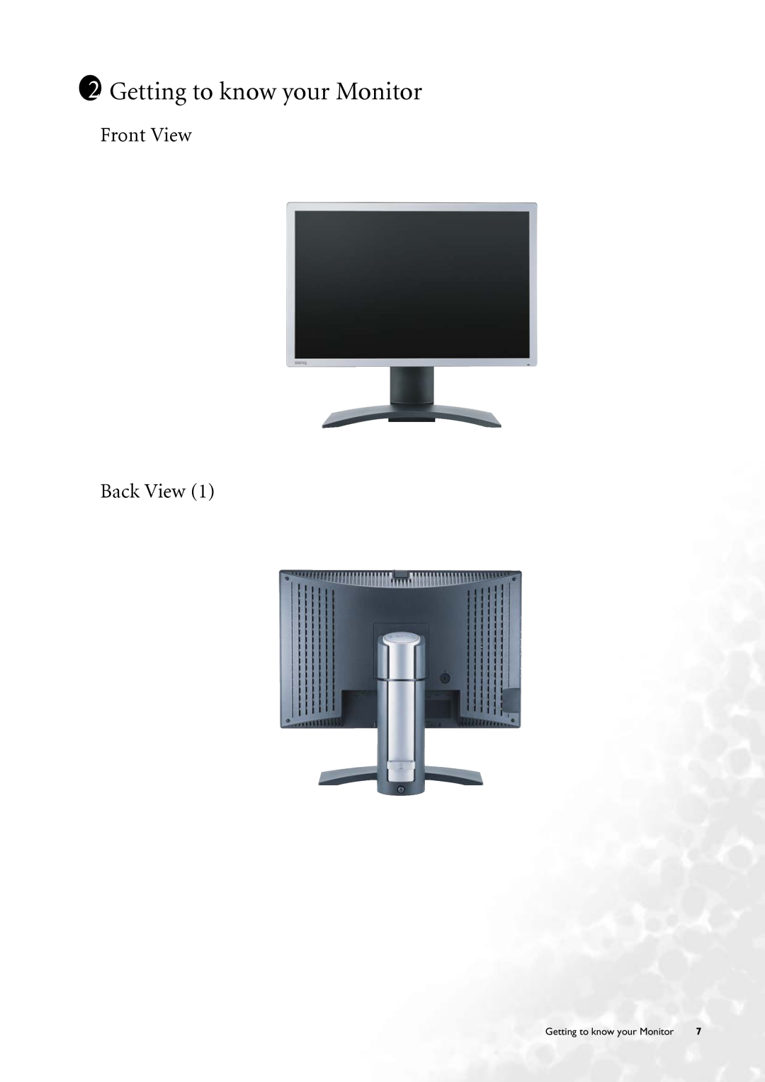 BenQ FP231W user manual Getting to know your Monitor, Front View Back View 