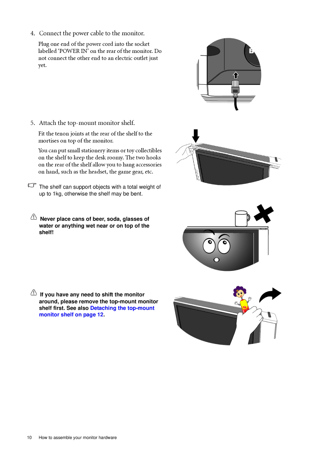 BenQ FP241VW user manual Connect the power cable to the monitor, Attach the top-mount monitor shelf 