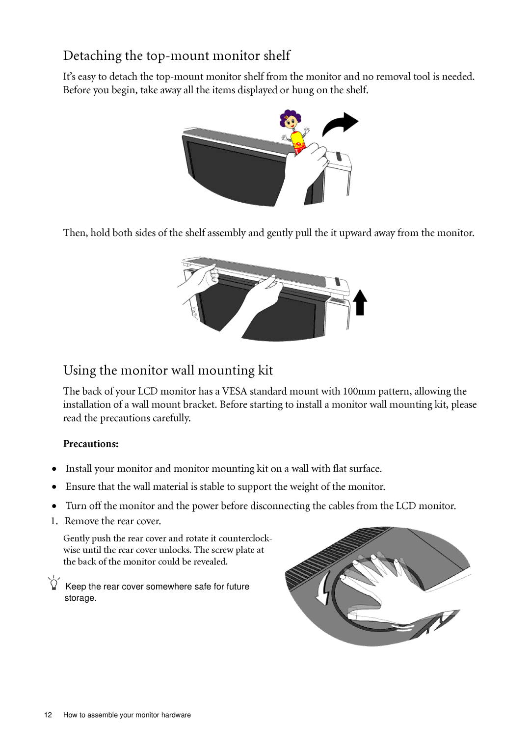 BenQ FP241VW user manual Detaching the top-mount monitor shelf, Using the monitor wall mounting kit, Precautions 