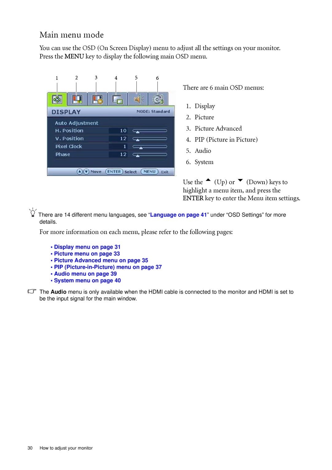 BenQ FP241VW user manual Main menu mode 