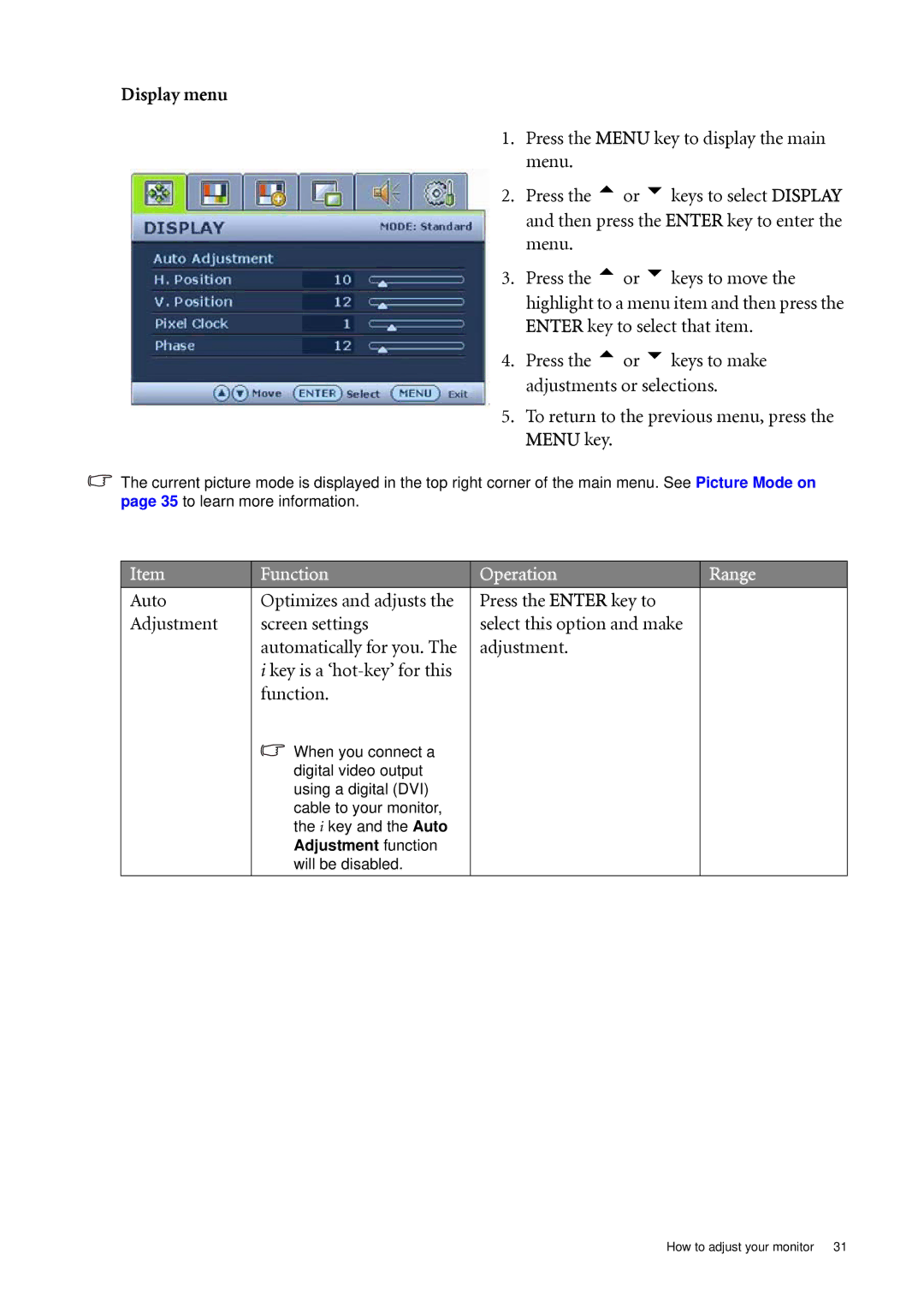 BenQ FP241VW user manual Display menu, Function Operation Range 