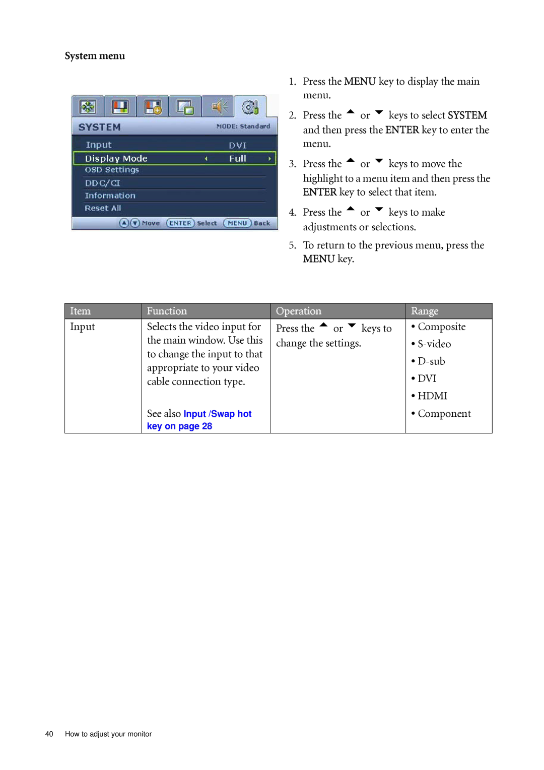 BenQ FP241VW user manual System menu, Cable connection type 