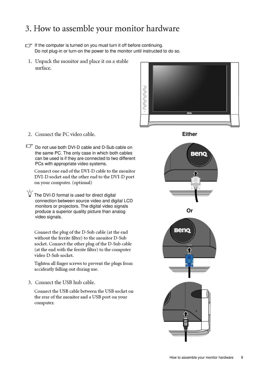 BenQ FP241VW user manual How to assemble your monitor hardware, Connect the USB hub cable 