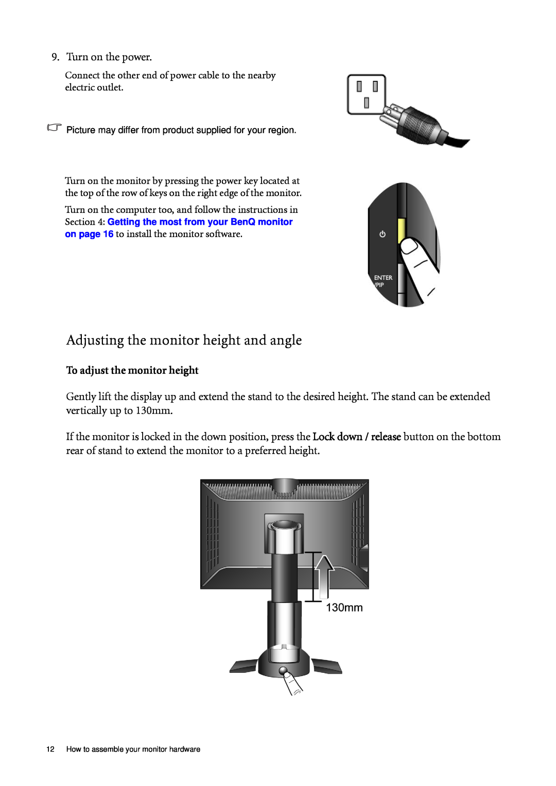 BenQ FP241WZ user manual Adjusting the monitor height and angle, To adjust the monitor height 