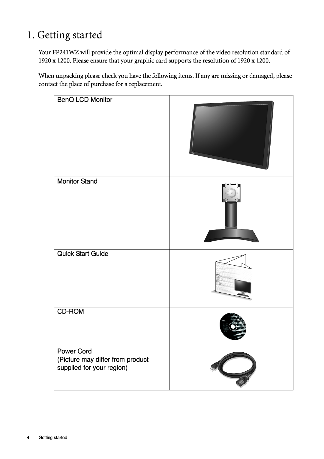 BenQ FP241WZ user manual Getting started 