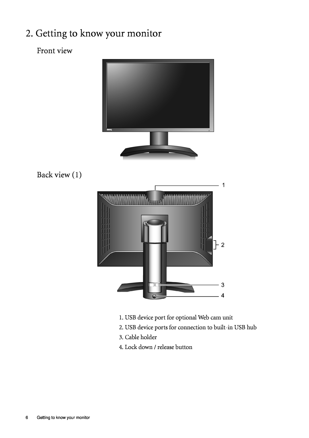 BenQ FP241WZ user manual Getting to know your monitor, Front view Back view 