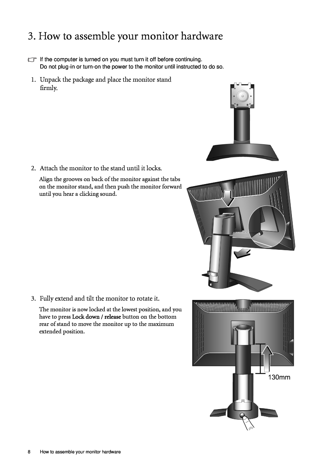 BenQ FP241WZ user manual How to assemble your monitor hardware, Unpack the package and place the monitor stand firmly 