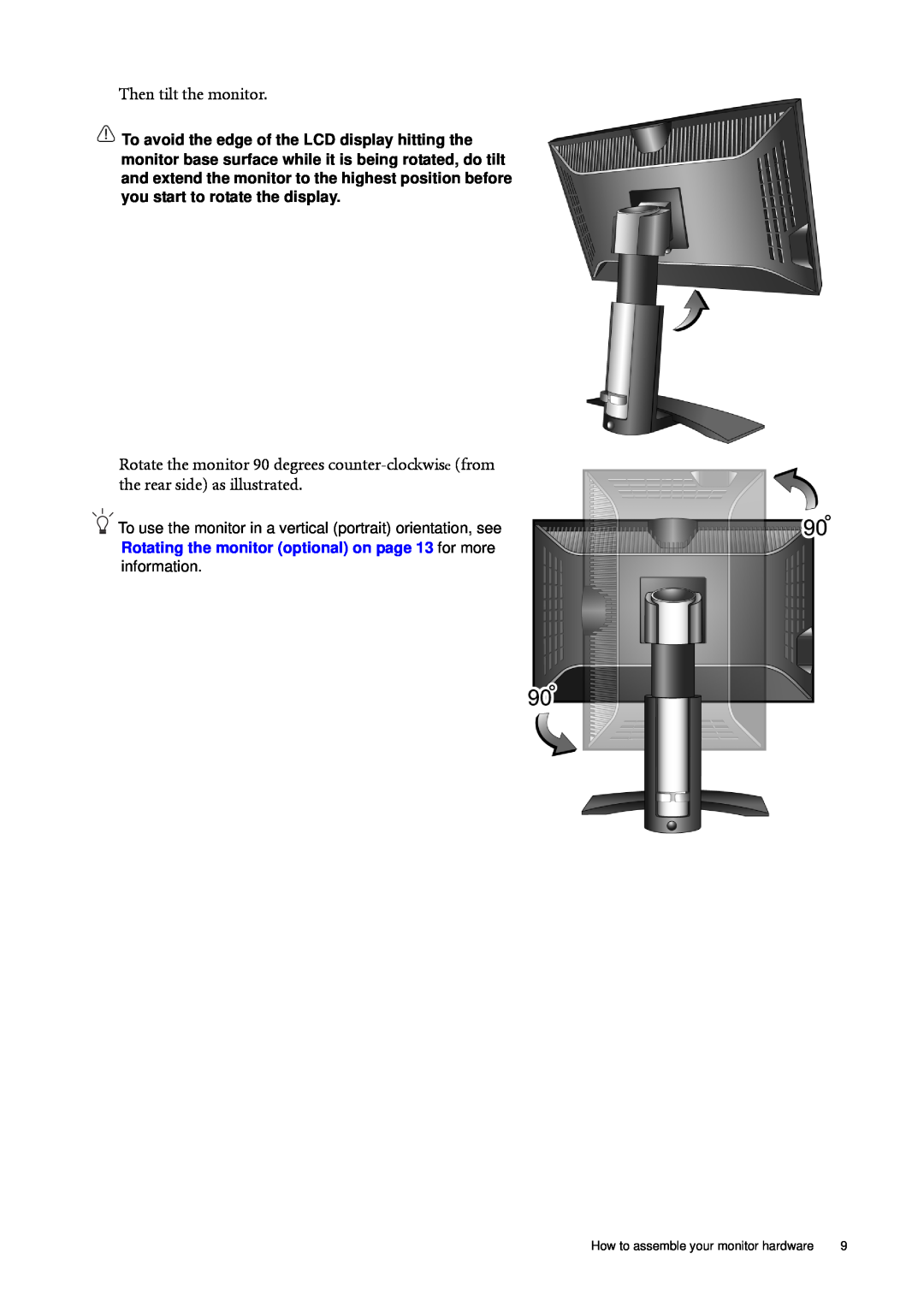 BenQ FP241WZ user manual Then tilt the monitor, How to assemble your monitor hardware 