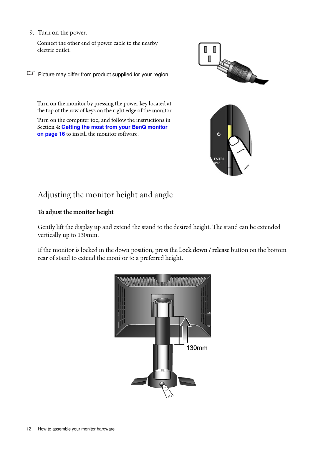 BenQ FP241WZ user manual Adjusting the monitor height and angle, Turn on the power, To adjust the monitor height 