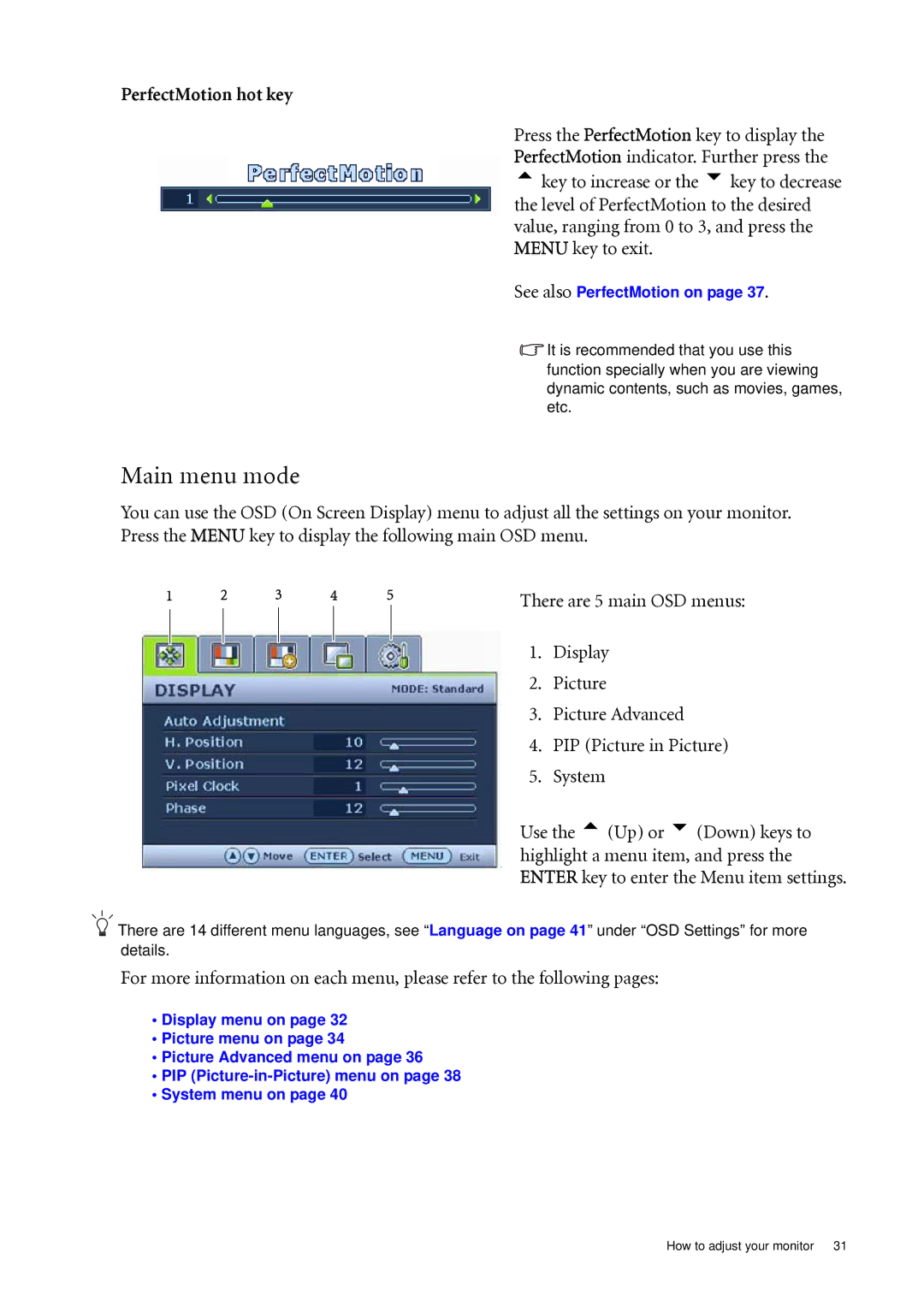 BenQ FP241WZ user manual Main menu mode, PerfectMotion hot key 