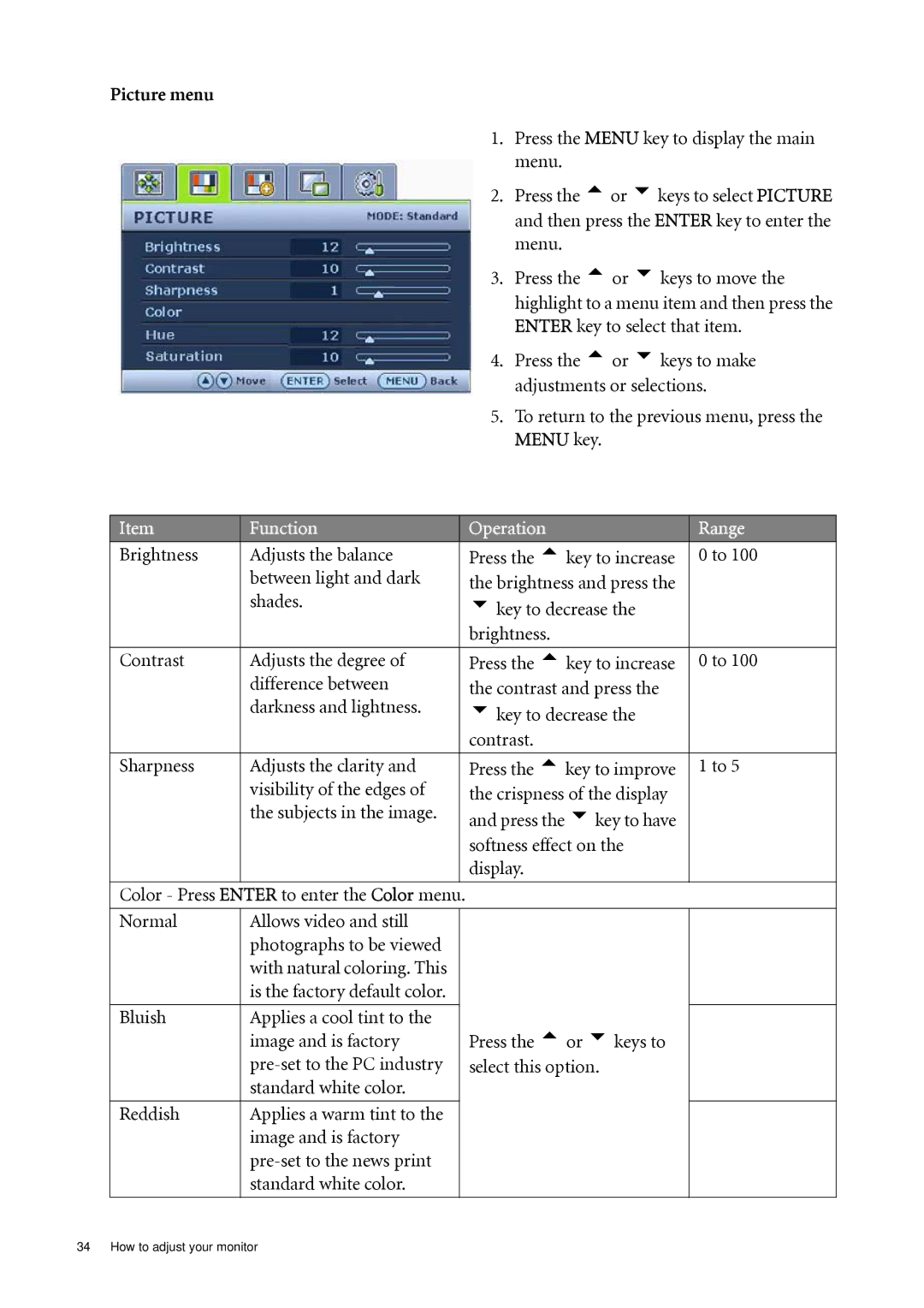 BenQ FP241WZ user manual Picture menu 