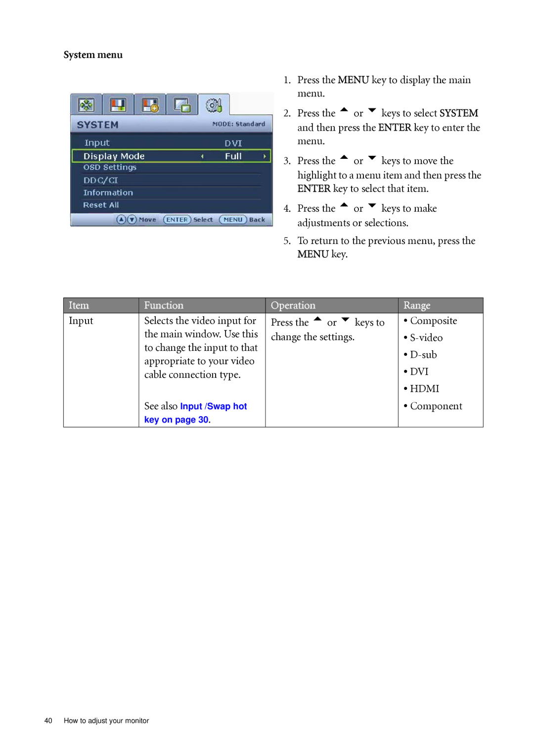 BenQ FP241WZ user manual System menu, Cable connection type 