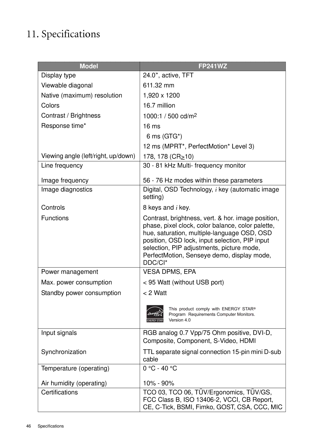 BenQ FP241WZ user manual Specifications, Power management, Vesa DPMS, EPA 