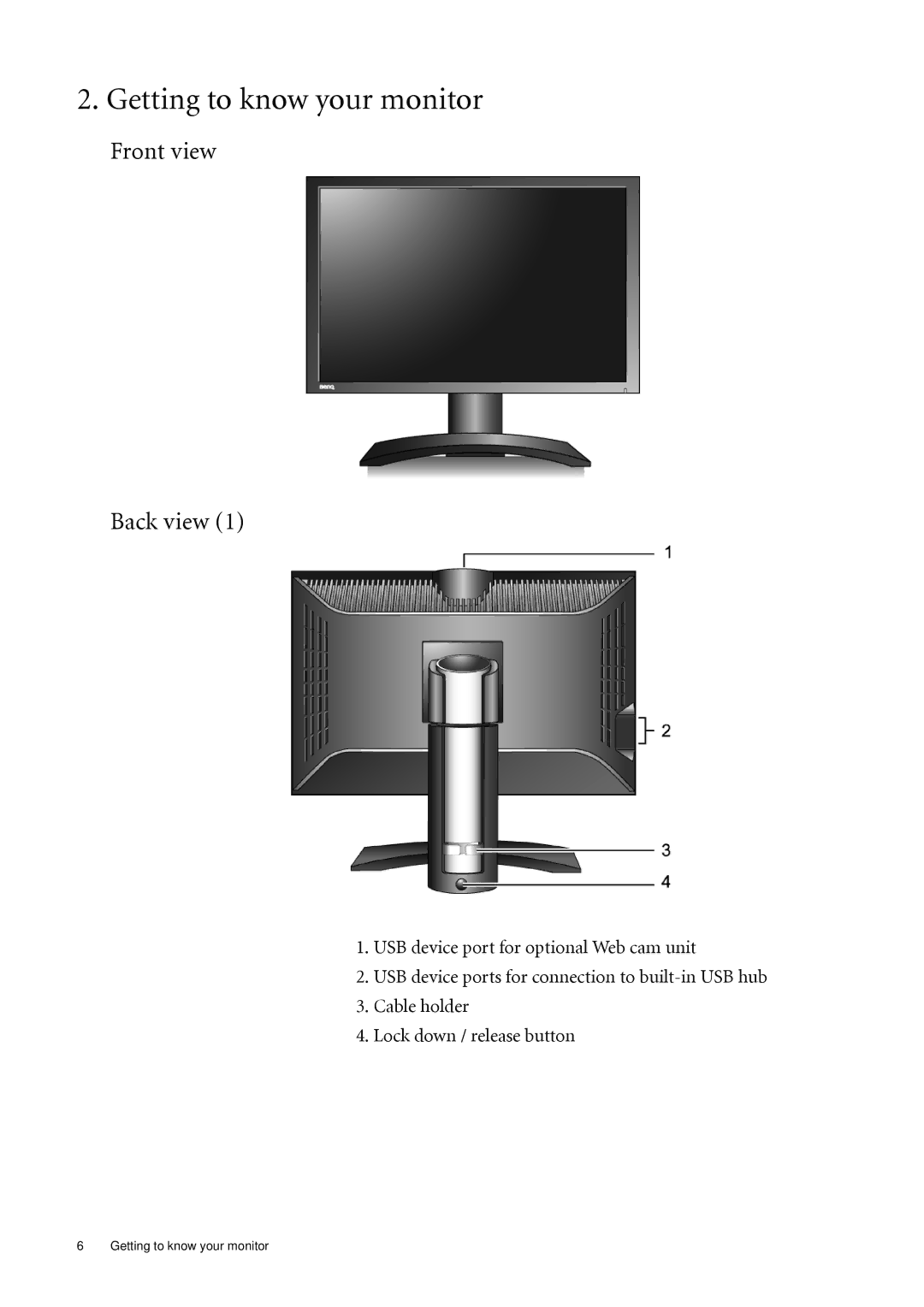 BenQ FP241WZ user manual Getting to know your monitor, Front view Back view 