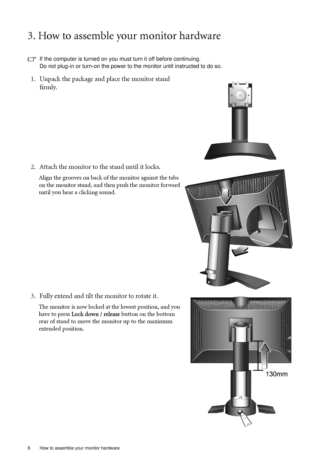 BenQ FP241WZ user manual How to assemble your monitor hardware, Fully extend and tilt the monitor to rotate it 