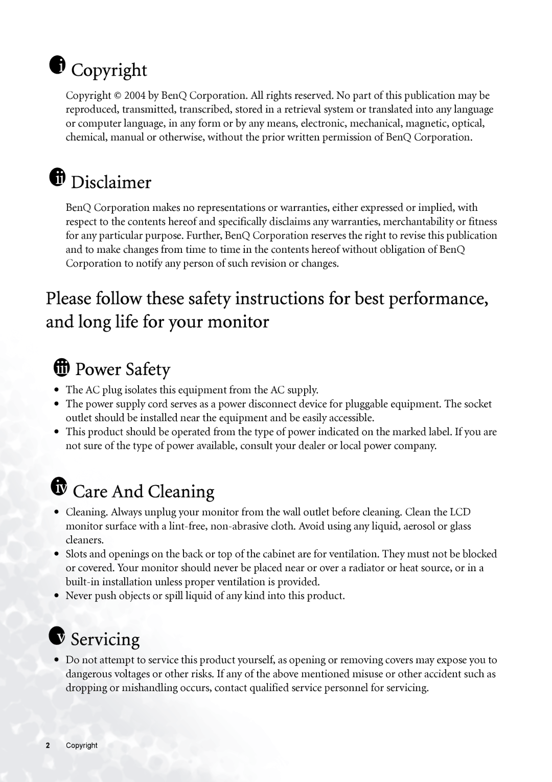 BenQ FP531 user manual Copyright, Ii Disclaimer, Iv Care And Cleaning, Servicing 