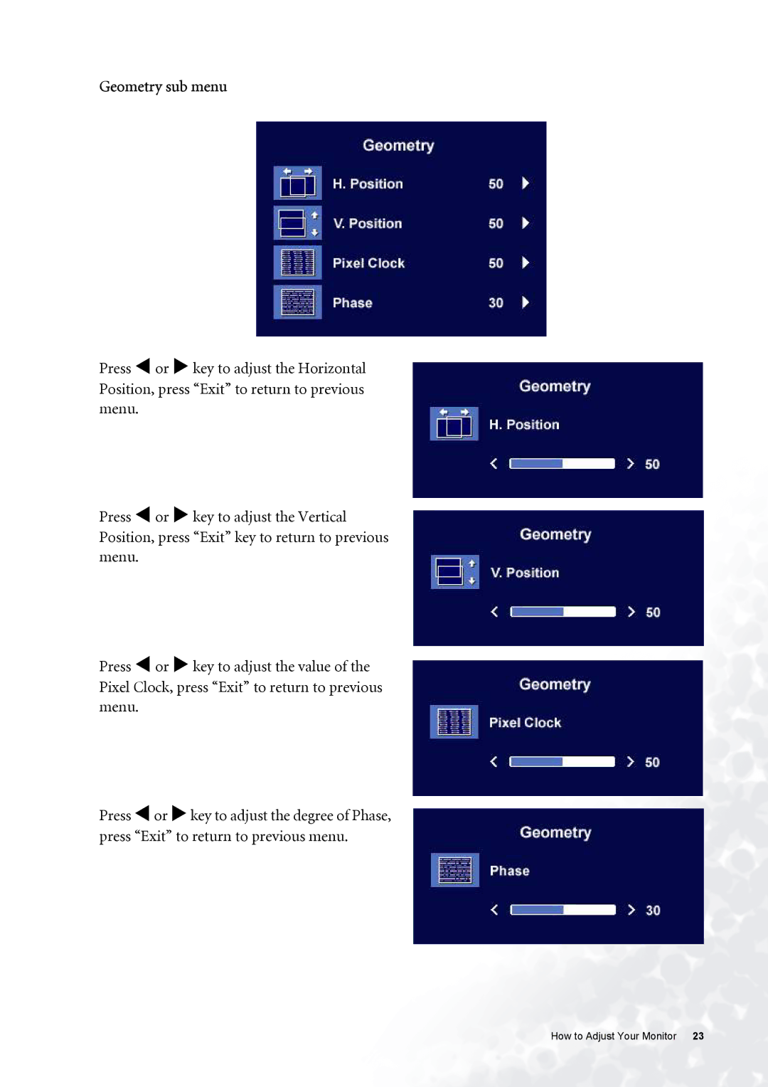 BenQ FP531 user manual Geometry sub menu 