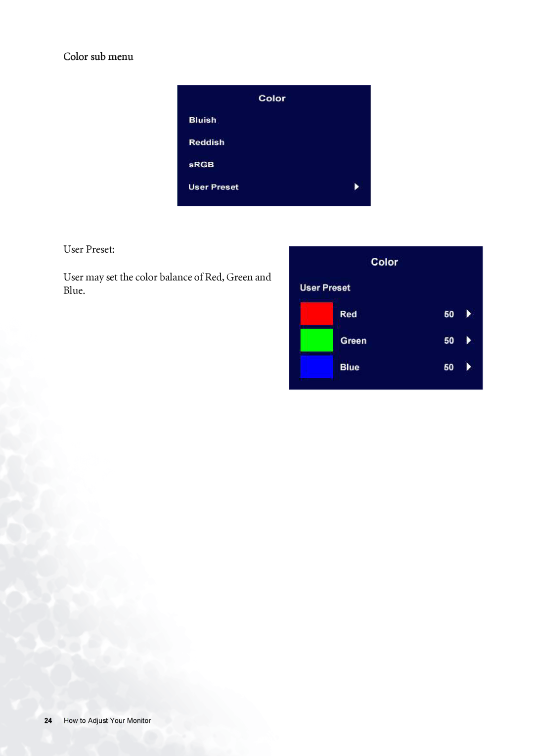 BenQ FP531 user manual Color sub menu 