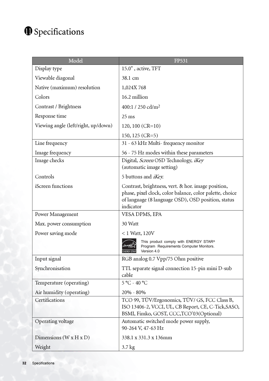 BenQ user manual Specifications, Model FP531 