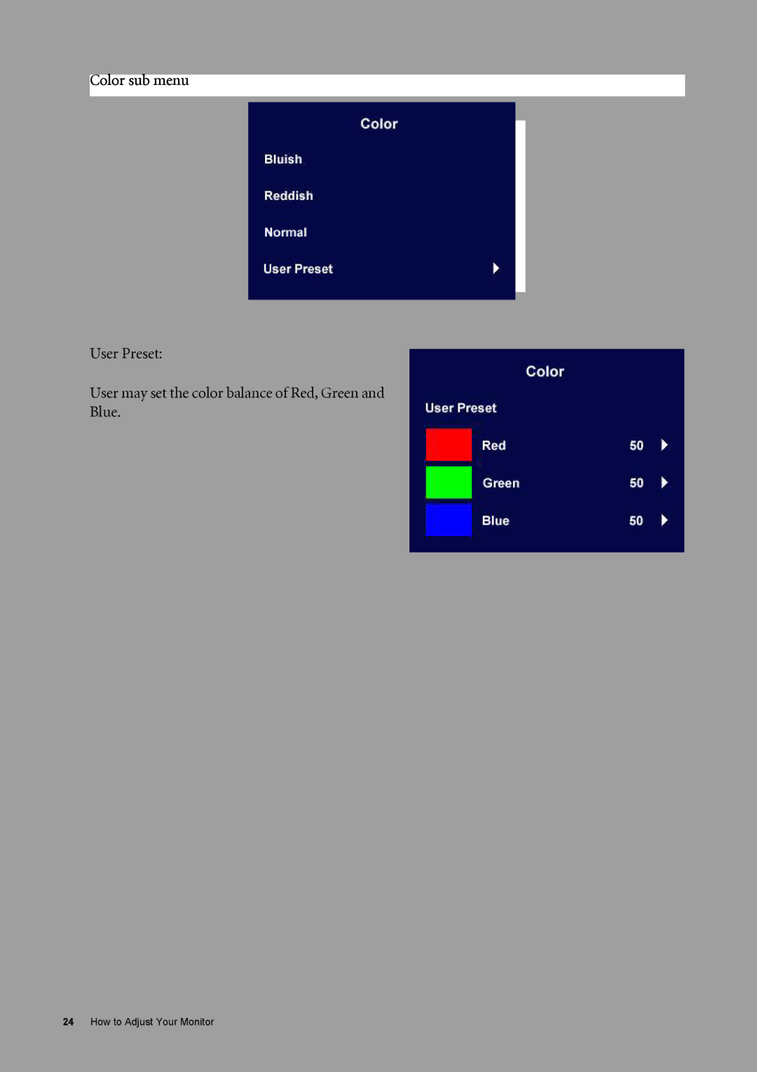 BenQ FP537s user manual Color sub menu 