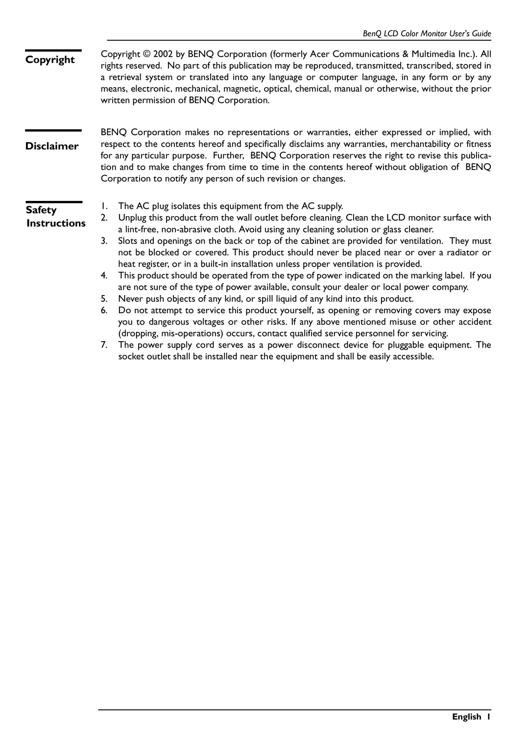 BenQ FP557s user manual Copyright, Disclaimer, Safety= Instructions 