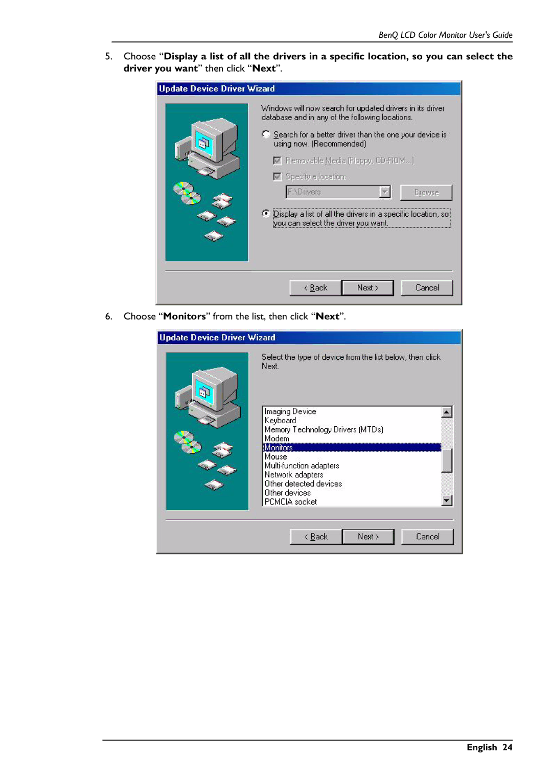 BenQ FP557s user manual Choose Monitors from the list, then click Next 