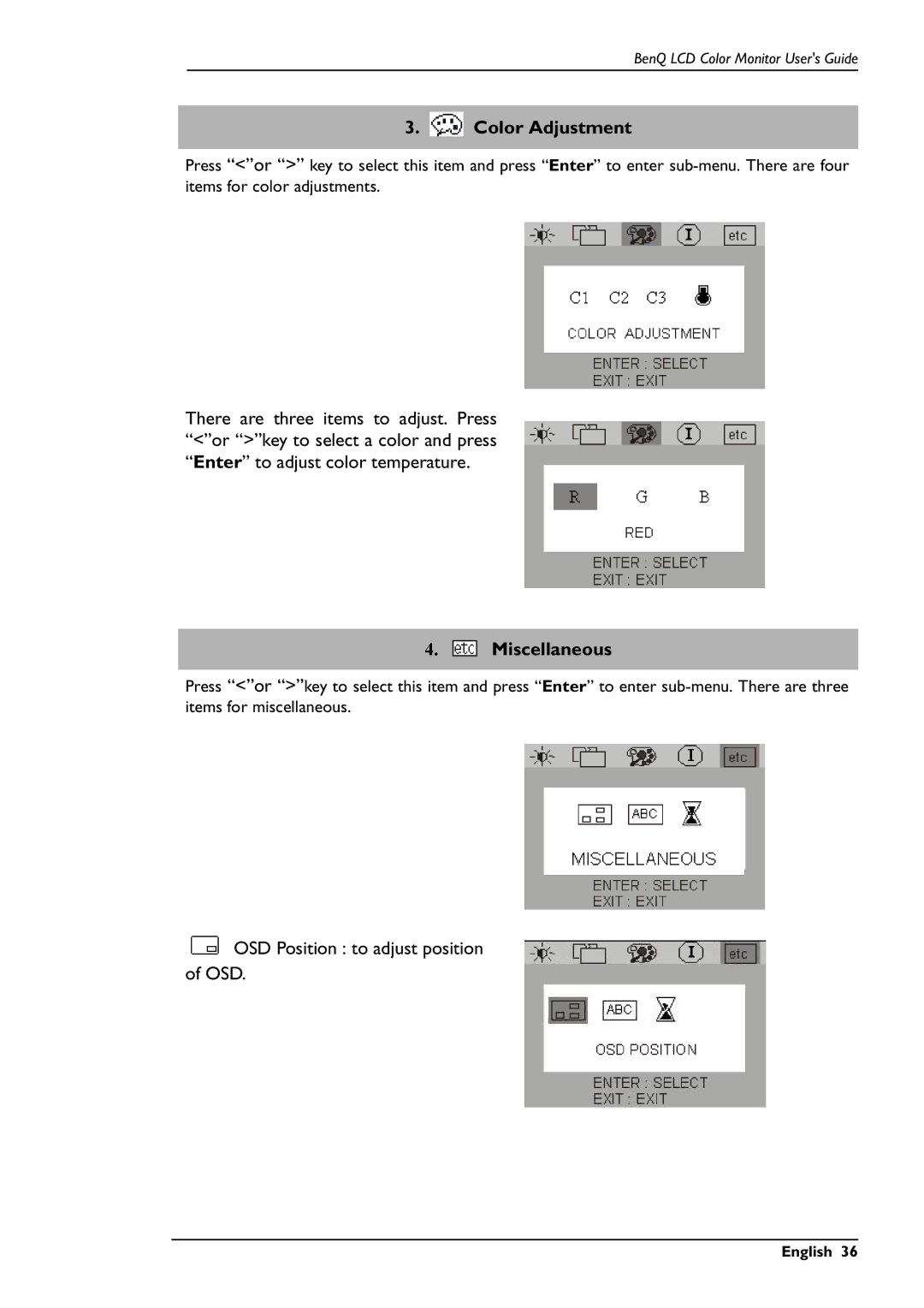 BenQ FP557s user manual Color Adjustment, Miscellaneous 