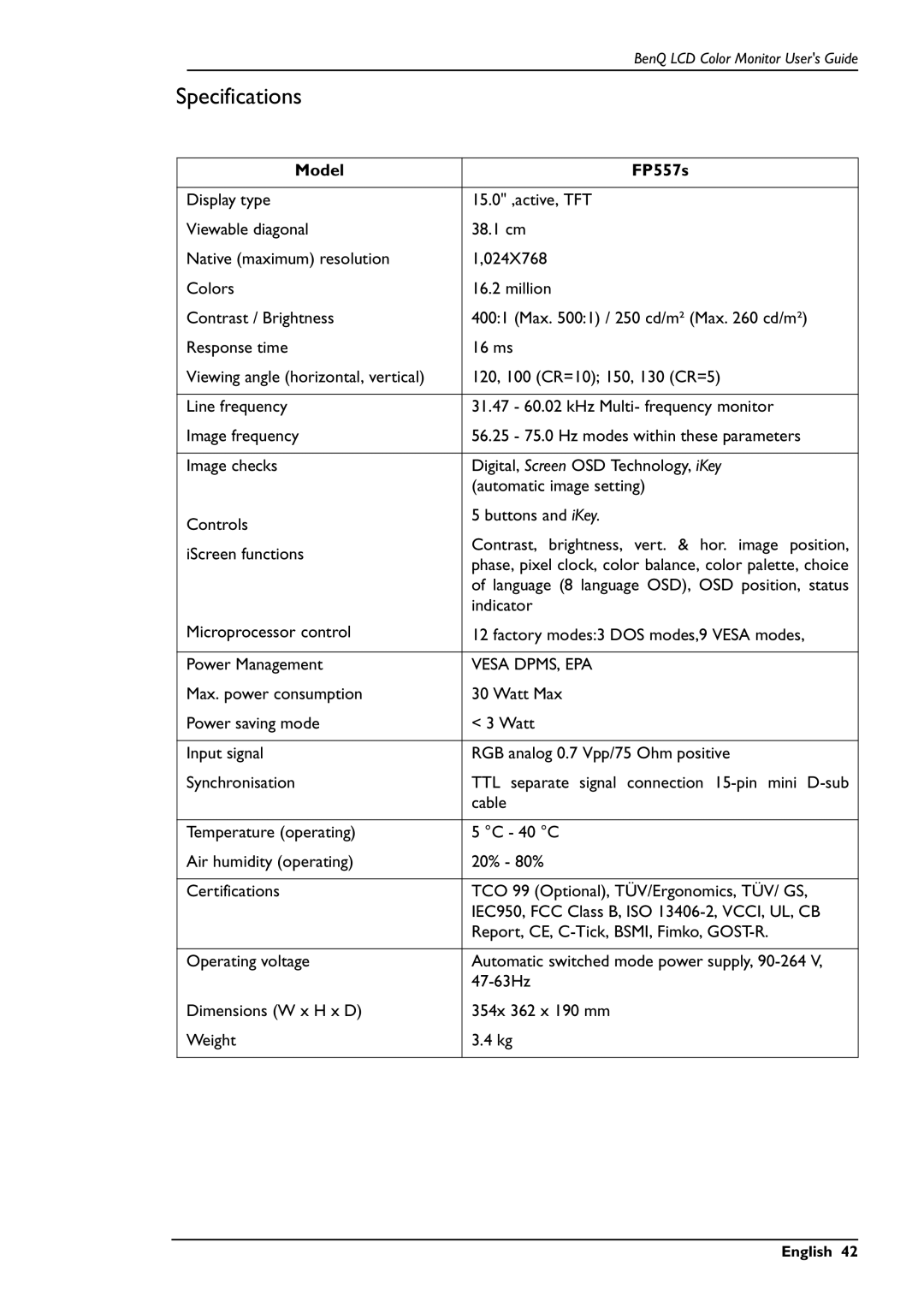 BenQ user manual Specifications, Model FP557s 