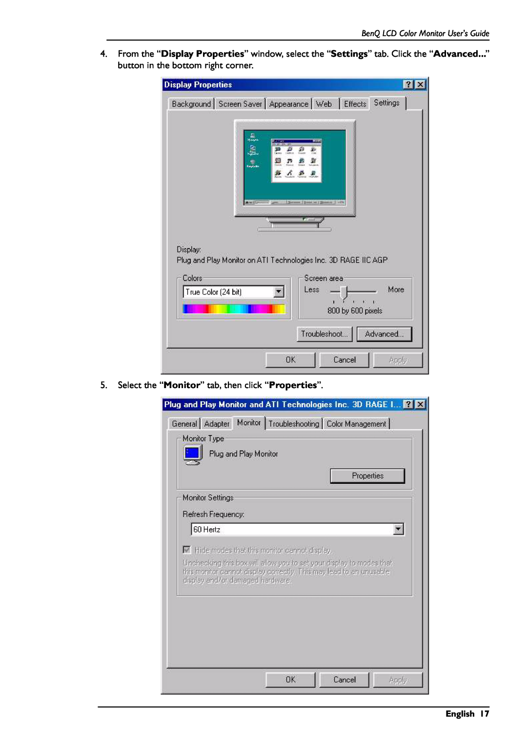 BenQ FP567 user manual Select the “Monitor” tab, then click “Properties”, BenQ LCD Color Monitor Users Guide, English 
