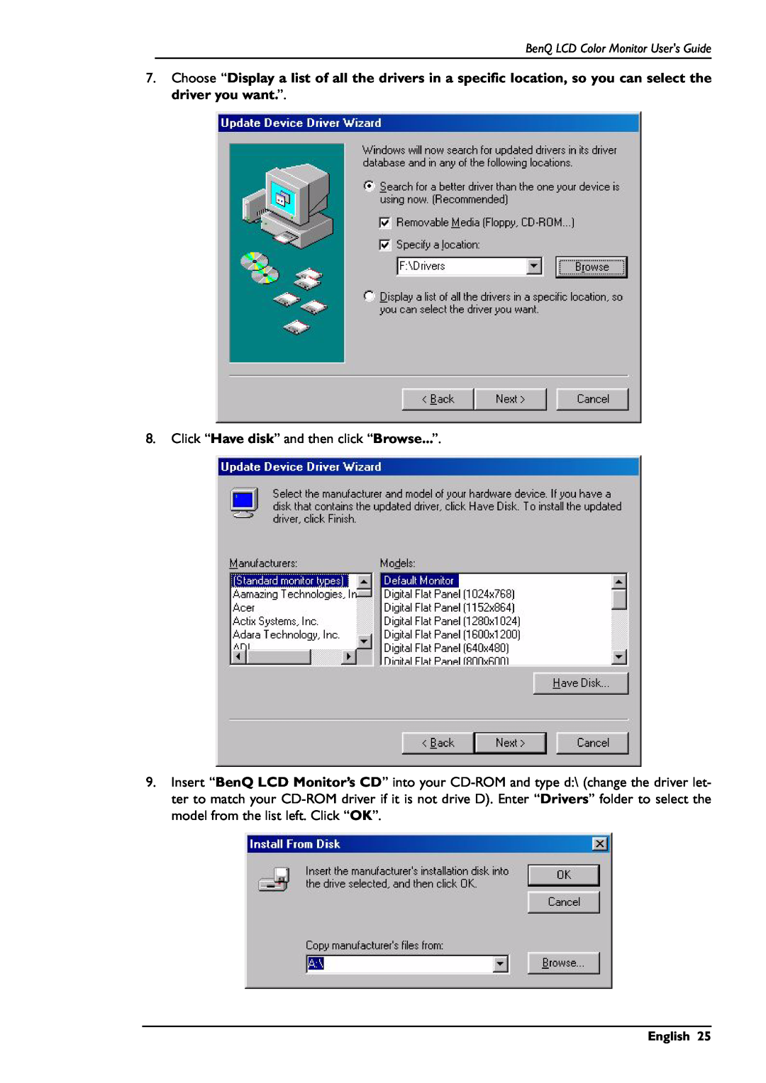 BenQ FP567 user manual Click “Have disk” and then click “Browse...” 