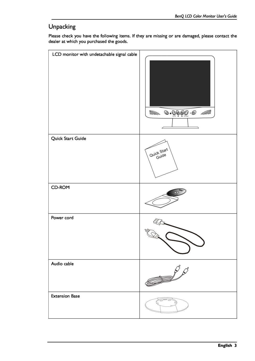 BenQ FP567 user manual Unpacking, BenQ LCD Color Monitor Users Guide, English, Exit, Enter 