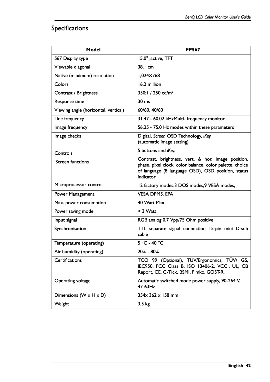 BenQ FP567 user manual Specifications, Model 