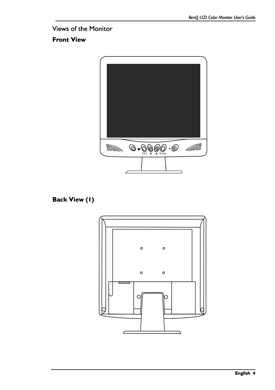 BenQ FP567 user manual Views of the Monitor, Front View, Back View, BenQ LCD Color Monitor Users Guide, English, Exit Enter 