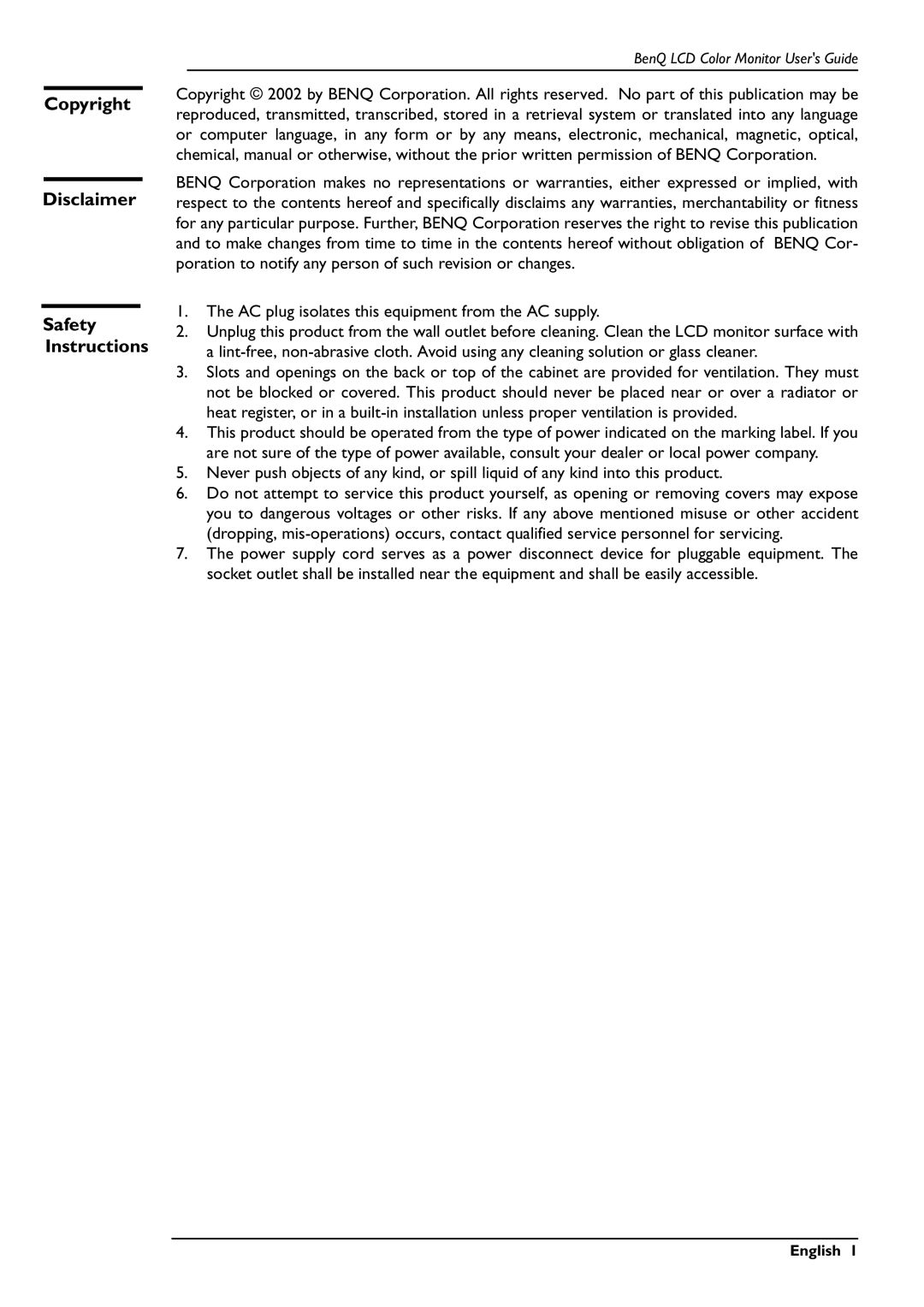 BenQ FP567 user manual Copyright Disclaimer, BenQ LCD Color Monitor Users Guide 