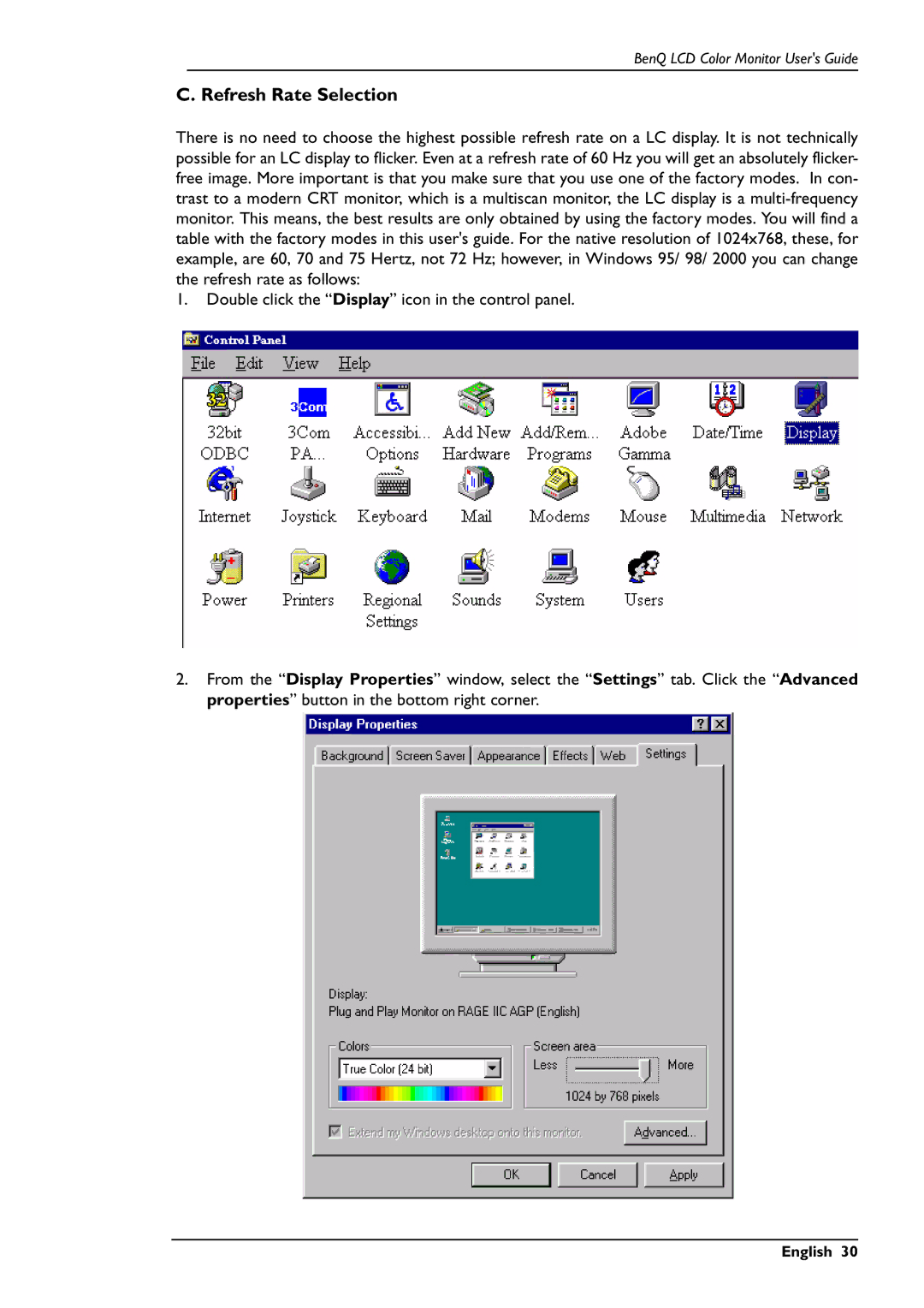 BenQ FP567 user manual Refresh Rate Selection 