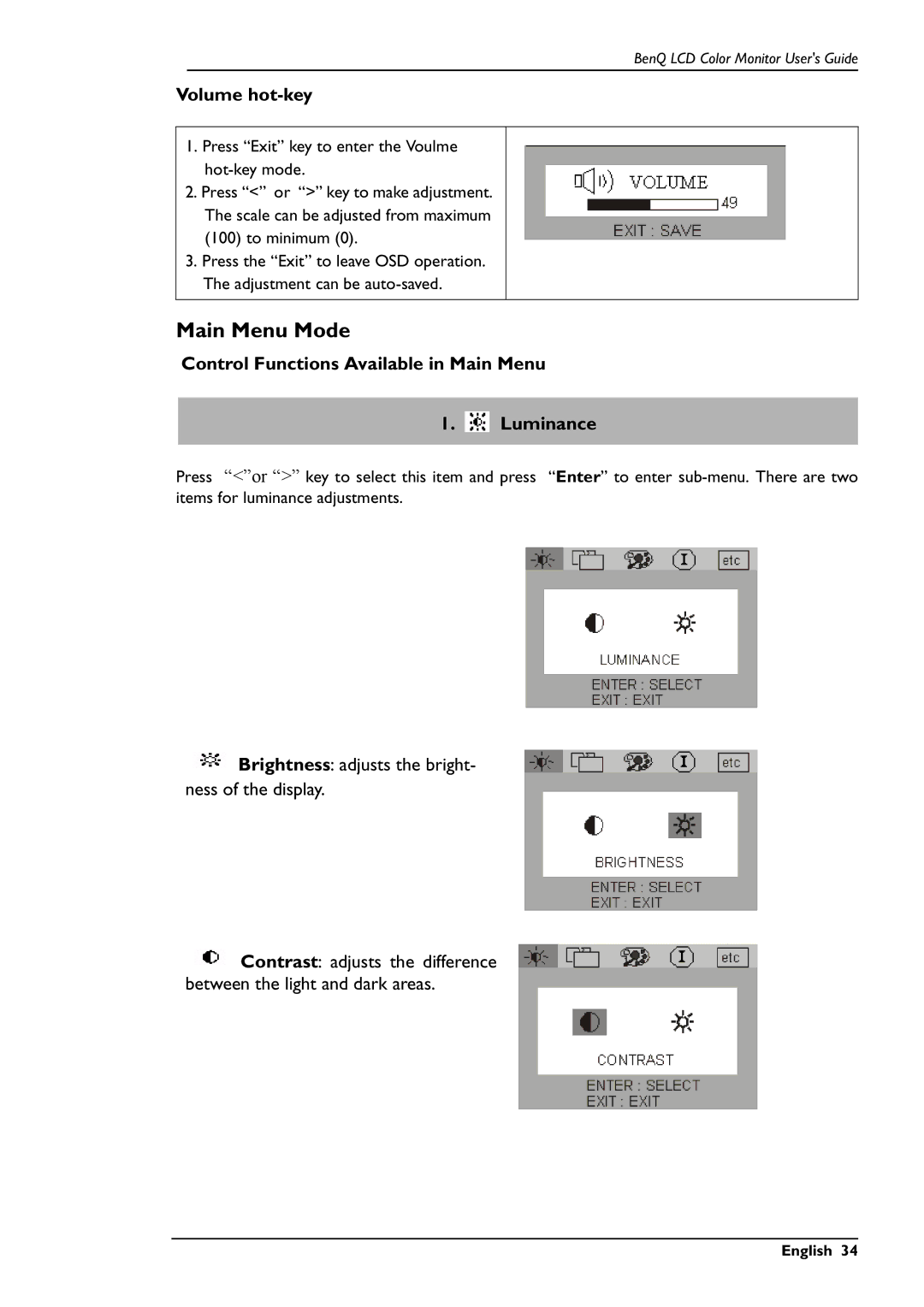 BenQ FP567 user manual Main Menu Mode, Volume hot-key, Control Functions Available in Main Menu Luminance 