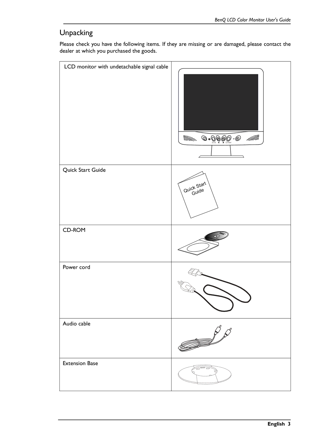 BenQ FP567 user manual Unpacking 