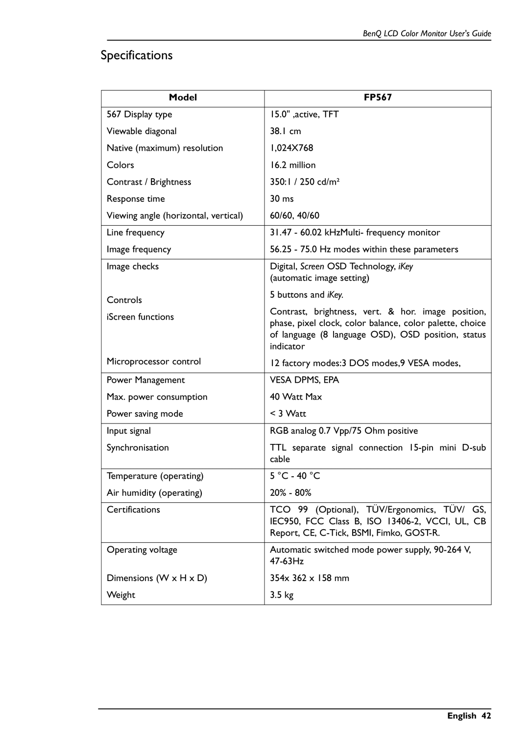 BenQ user manual Specifications, Model FP567 