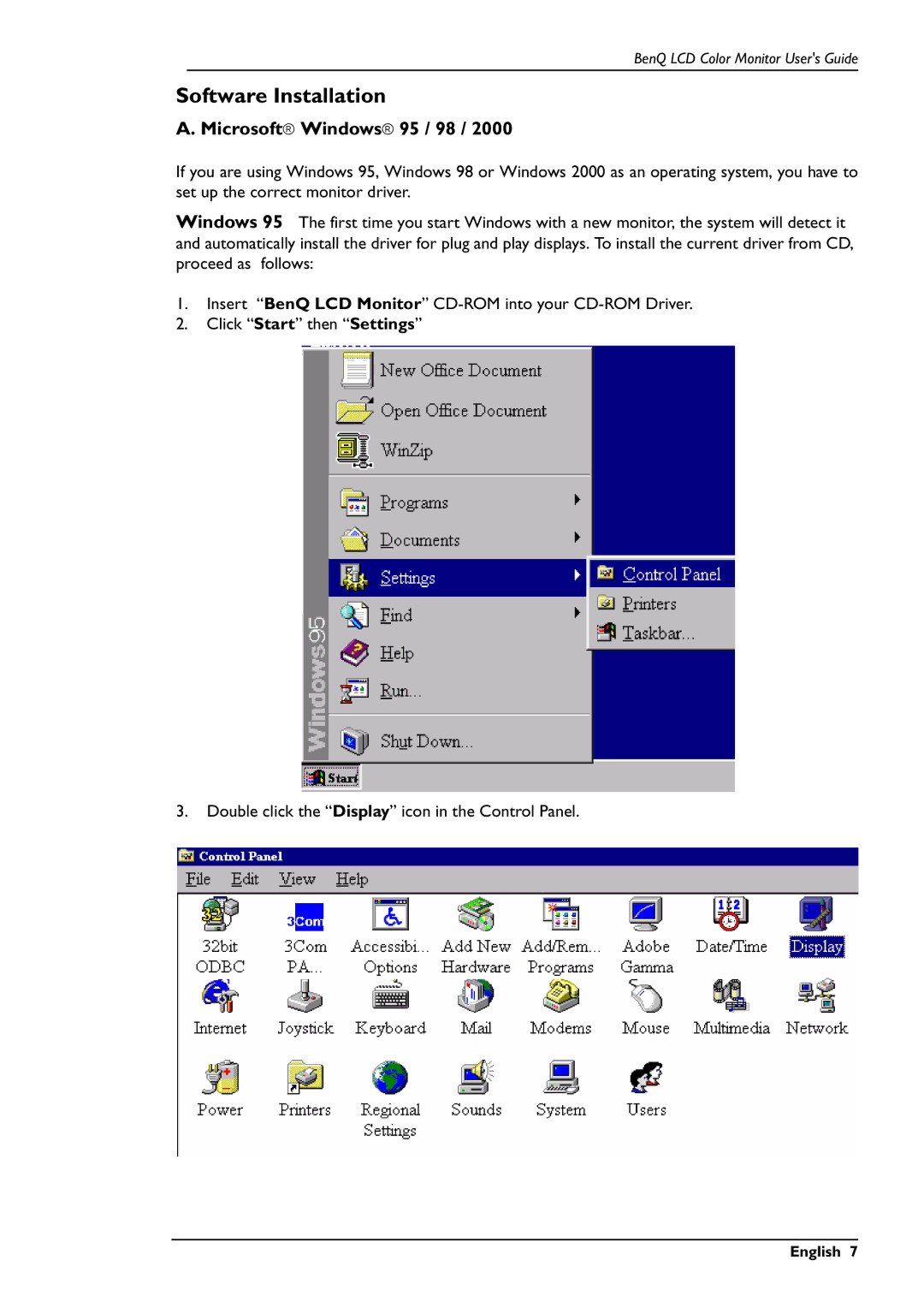 BenQ FP567 user manual Software Installation, Microsoft Windows 95 / 98 