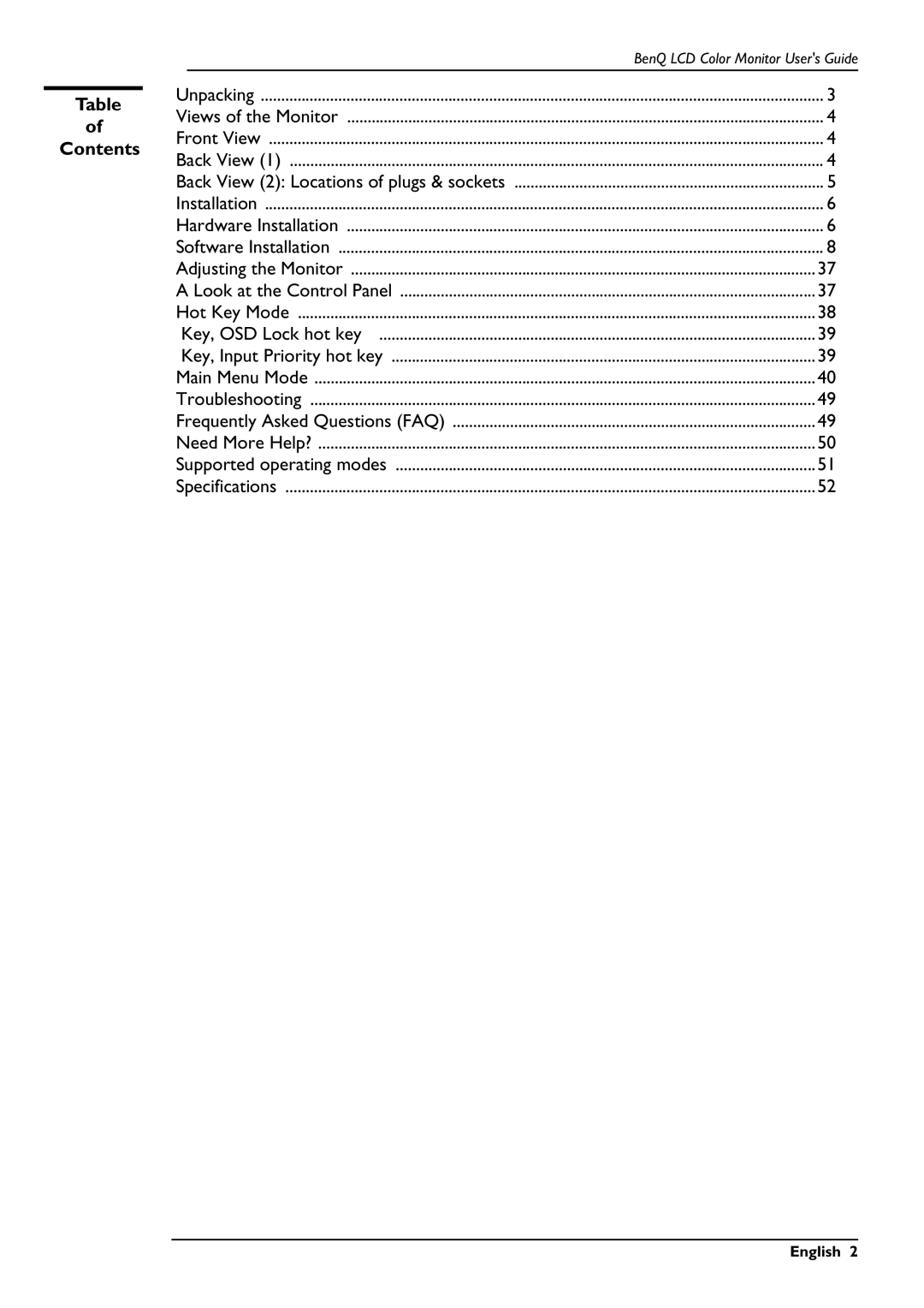 BenQ FP591 user manual ==== ======Table ========of ===Contents 