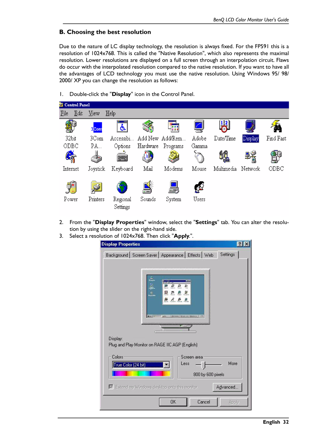 BenQ FP591 user manual Choosing the best resolution 