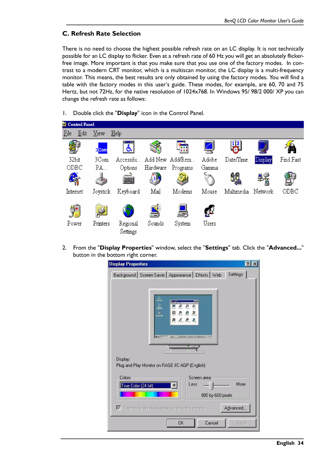 BenQ FP591 user manual Refresh Rate Selection 